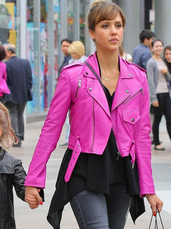 bright pink leather jacket