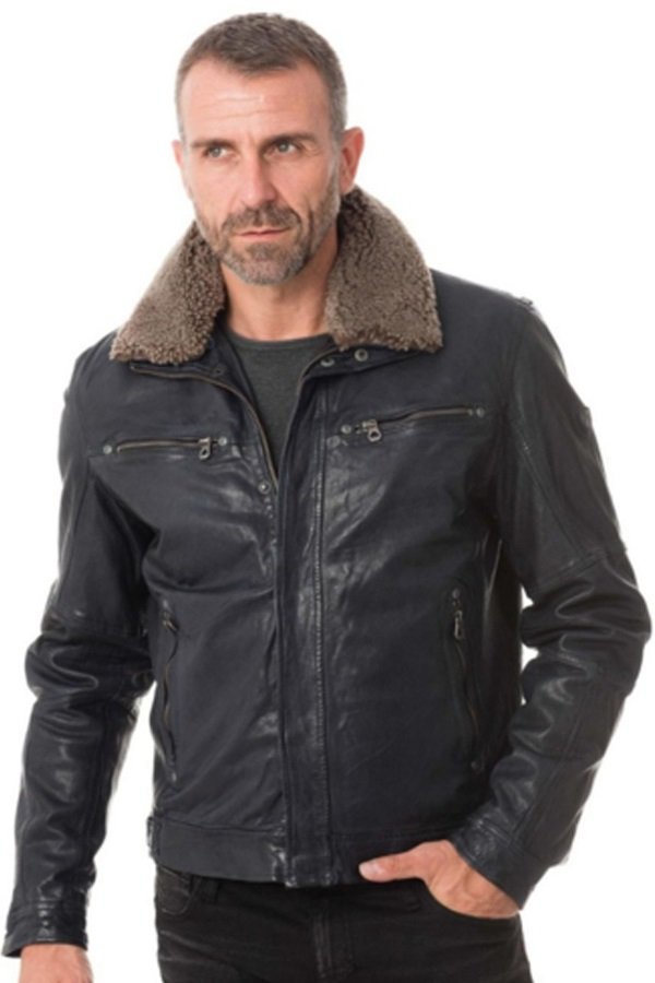Men Classic Detachable Faux Fur Collar Leather Jacket