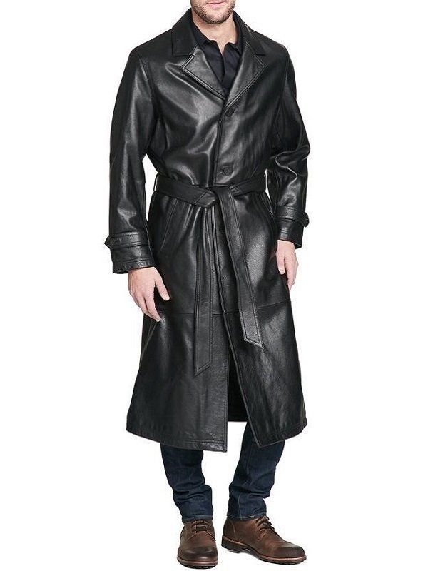 Men Full Length Leather Trench Coat Film Star Jacket