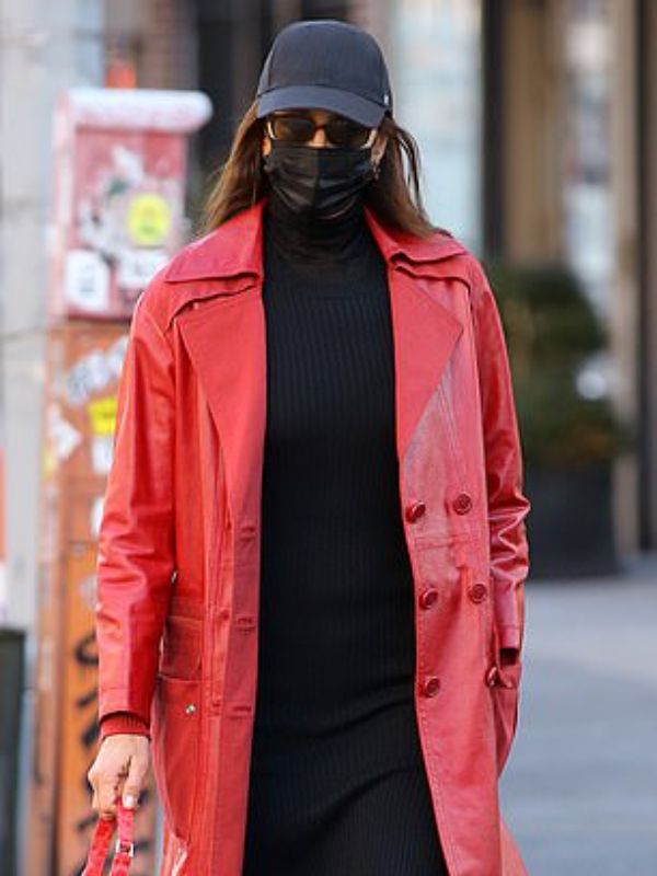 red leather trench