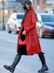 Go for red like Irina with Red Leather Coat