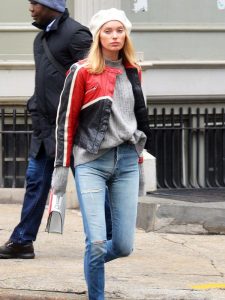 Elsa Hosk black and red leather jacket