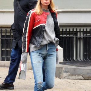 Elsa Hosk black and red leather jacket