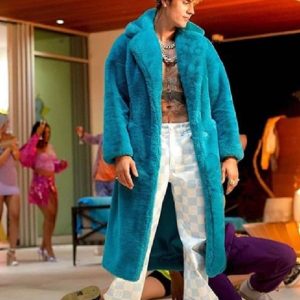 Singer Justin Bieber Blue Faux Fur Coat