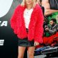 Stylish Charlize Theron Wear Red Fur Jacket at F9 Event