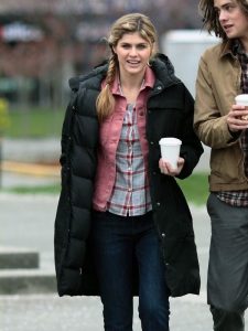 Alexandra Daddario Wear Black Hooded Coat During filming Percy Jackson Sea of Monsters