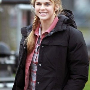 Alexandra Daddario Wear Black Hooded Coat During filming Percy Jackson Sea of Monsters