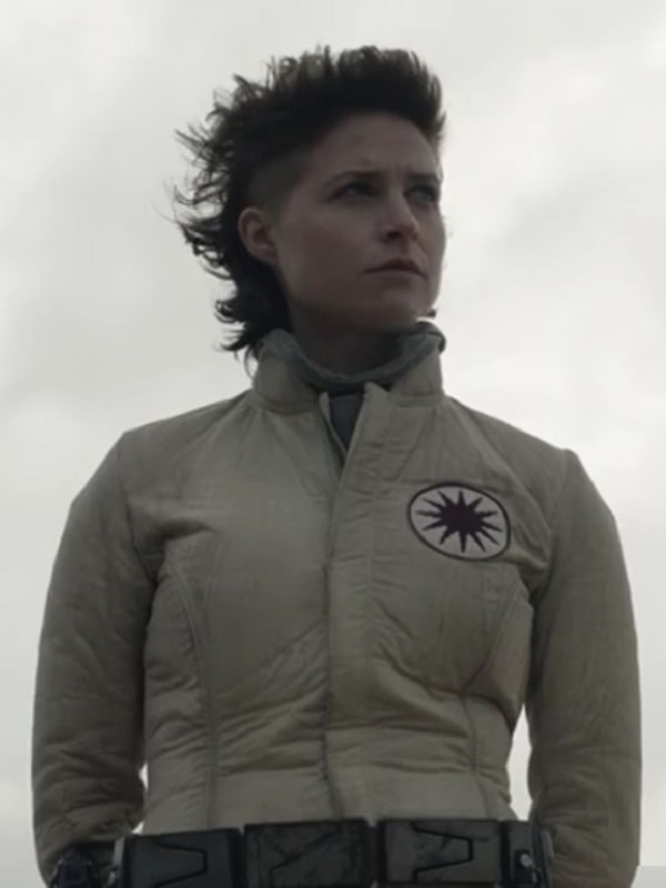 Niamh Algar Wearing Off-White Bomber Jacket In Raised by Wolves Faces as Sue