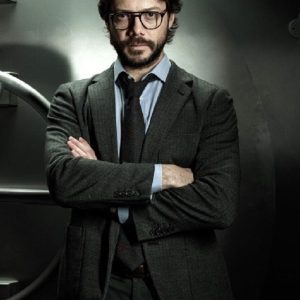 Álvaro Morte Wearing Gray Suit In Money Heist as The Professor