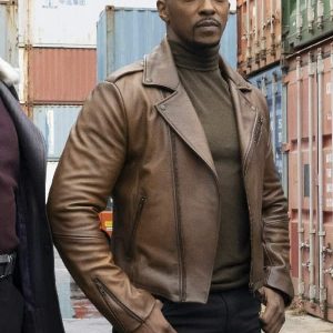 Anthony Mackie Wearing Brown Leather Jacket In The Falcon and the Winter Soldier as Falcon