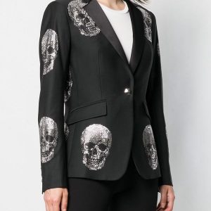 A Young Women Wearing Skull Design Costume Blazer 