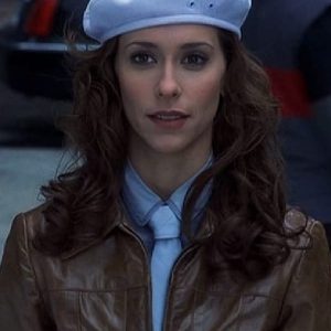 Jennifer Love Hewitt Wearing Brown Leather Jacket In The Tuxedo as Del Blaine