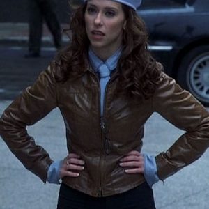 Actress Jennifer Love Hewitt Wearing Brown Leather Jacket In The Tuxedo as Del Blaine
