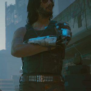 Keanu Reeves Wearing Black Leather Vest In Cyberpunk 2077 as Johnny Silverhand