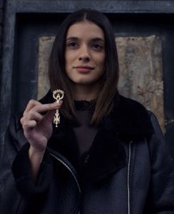 Laysla De Oliveira Wearing Black Leather Shearling Jacket In Locke & Key as Dodge