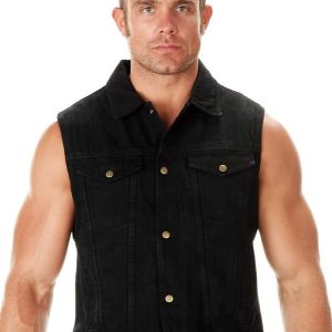 A Men Waring Black Denim Motorcycle Vest