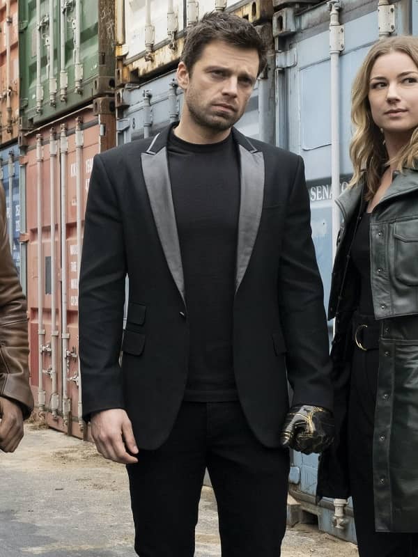 Sebastian Stan Wearing Black Tuxedo In The Falcon and the Winter Soldier as Bucky Barnes