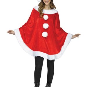 A Women Wearing Red Color Christmas Eva Santa Costume Poncho