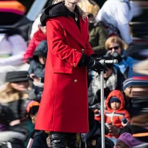 Actress Meg Donnelly Wearing Red Coat In 100th Thanksgiving Day - filmstarjacket