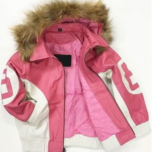 8 Ball Pink Leather Jacket Fur Hoodie - filmstarjacket
