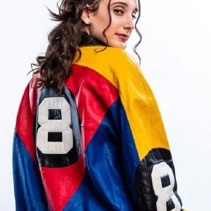 A Young Women Wearing 90's Inspired Bomber Style 8ball Faux Leather Jacket