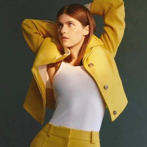 American Actress Alexandra Daddario Wearing Yellow Wool Jacket