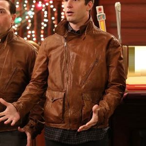 Actor Andy Samberg Wearing Brown Leather Jacket In TV Series Brooklyn Nine-Nine as Jake Peralta