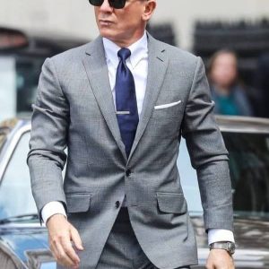 Actor Daniel Craig Wearing Grey Glen Check Suit In No Time To Die