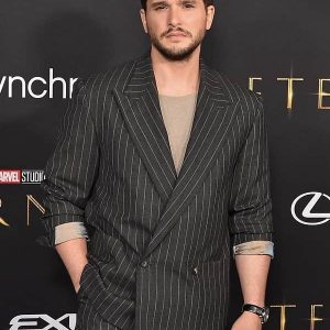 Actor Kit Harington Wearing Black Checked Suit In Eternals Film Event