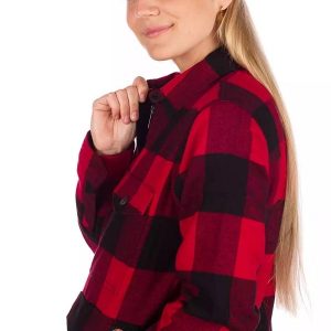 A Young Women Wearing Red Sherpa Lined Flannel Jacket
