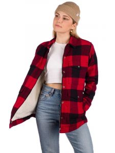 A Young Women Wearing Long Sleeve Sherpa Lined Flannel Jacket
