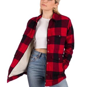 A Young Women Wearing Long Sleeve Sherpa Lined Flannel Jacket