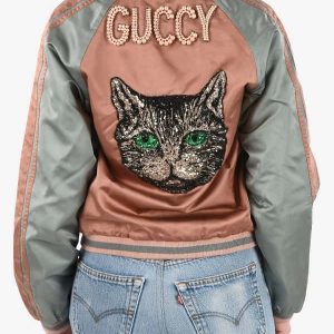 A Women Wearing Guccy Cat Pearl Bomber Jacket