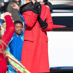 Actress Meg Donnelly Wearing Red Wool Coat In 100th Thanksgiving Day - filmstarjacket