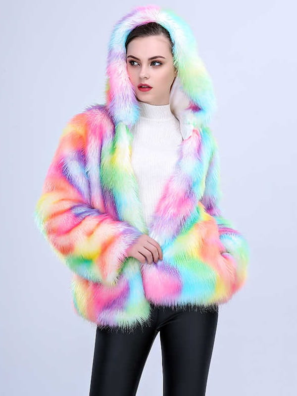 Cozy white faux fur Hoodie with LV inspired multi-color Monograms