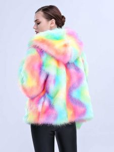 A Women Wearing Cozy Multicolor Fur Hoodie
