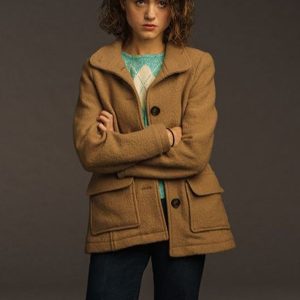 Actress Natalia Dyer Wearing Brown Jacket In Stranger Things as Nancy Wheeler