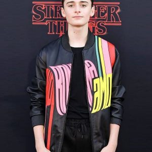 Actor Noah Schnapp Wearing Black Stylish Bomber Jacket In Stranger Things Event