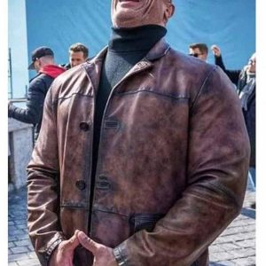 Actor Dwayne Johnson Wearing Brown Leather In Film Red Notice as John Hartley - filmstarjacket