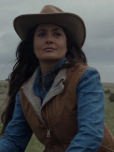 Actress Salma Hayek Wearing Brown Vest In Eternals as Ajak