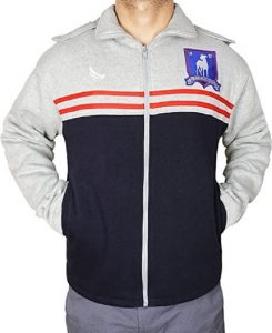 A Men Wewaring TV Series Ted Lasso Varsity Gray Hooded Jacket