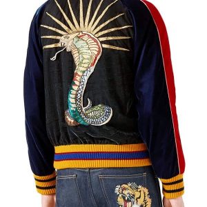 A Young Men Wearing Tiger Snake Sunset Bomber Jacket