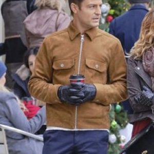 Tyler Hynes Wearing Brown Suede Leather Jacket In An Unexpected Christmas as Jamie