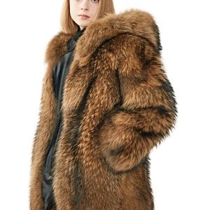 A Women Wearing Winter Hooded Thick Fur Overcoat
