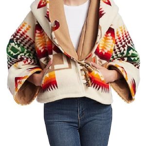 Yellowstone Beth Dutton inspired by A young women wearing Poncho Style Hooded Aztec Coat