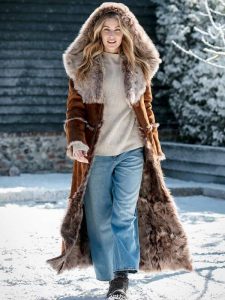 A Young Women Wearing Shearling Suede Leather Fur Coat