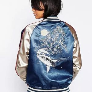A Young Women Wearing Tropical Fish Sky-Blue Bomber Jacket