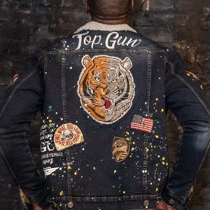 A Men Wearing Movie Top Gun Flying Tiger Blue Denim Fur Jacket