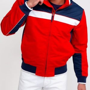 A Men Wearing USA Full Zipper Red Jacket