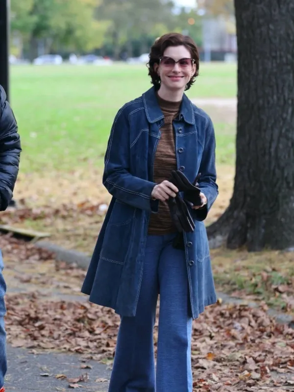Anne Hathaway Armageddon Time Blue Suede Leather Coat